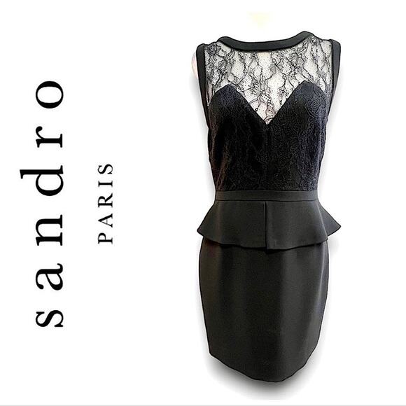 Sandro Dresses & Skirts - SANDRO Sleeveless Black Sheer Lace Sweetheart Neckline Peplum Cocktail Dress SZ1